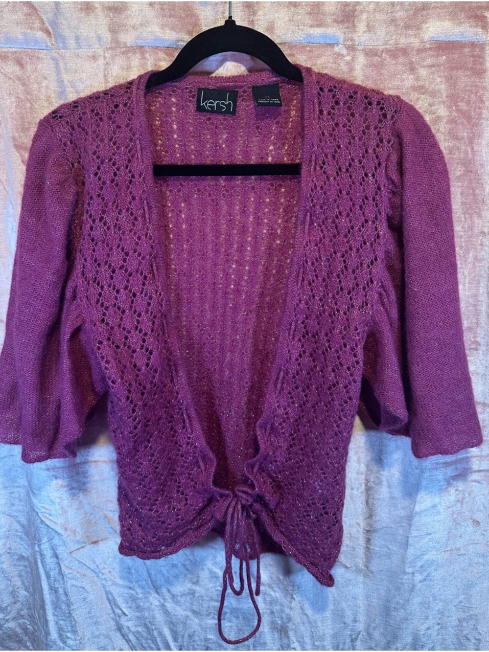 Kersh Purple Crochet Open-Front Tie Cardigan
